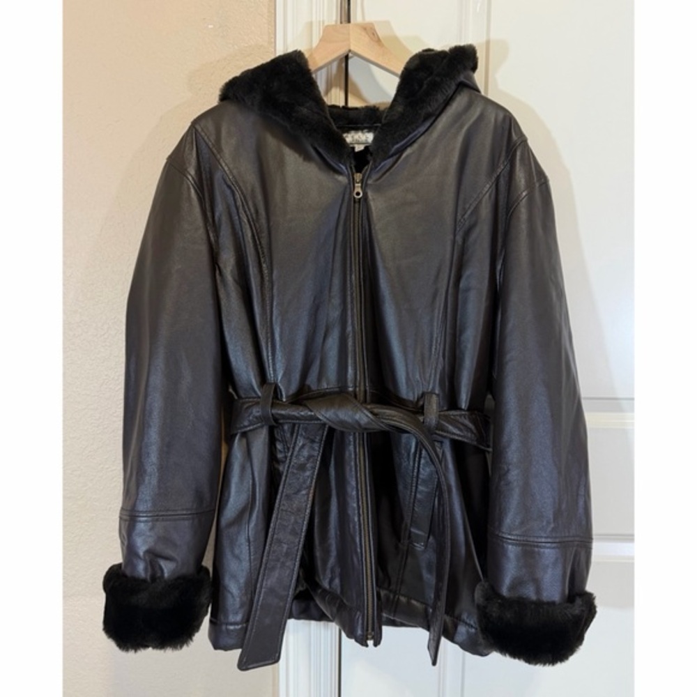 Pelle Thick Leather Jacket Faux Fur Belted with Hood Full Zip Women’s XL Brown